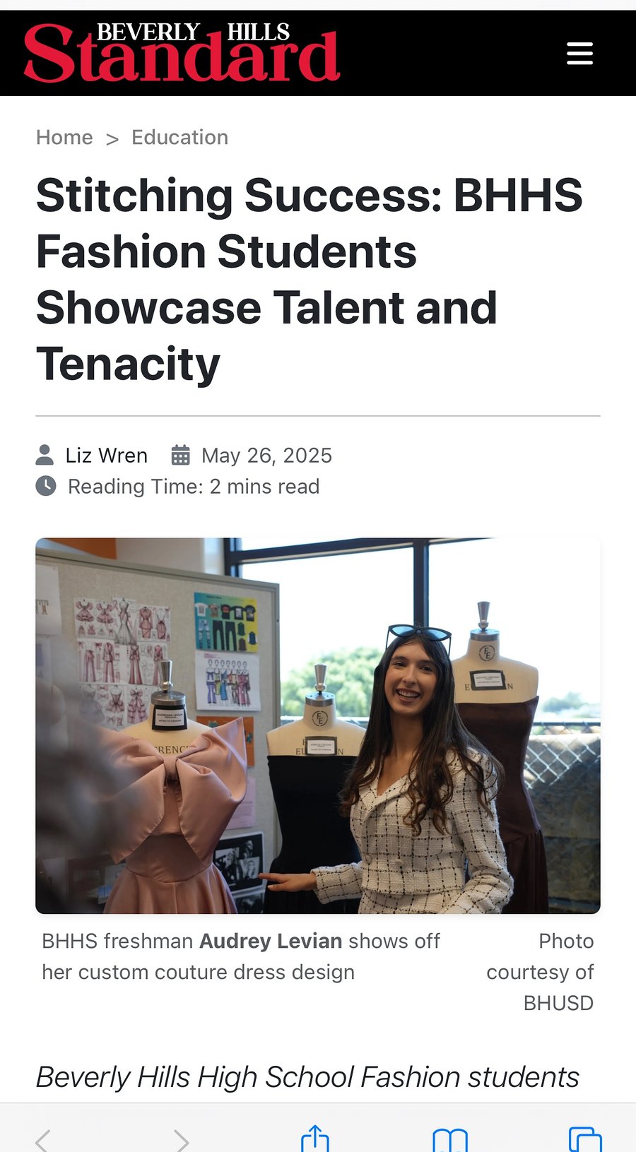 Beverly Hills Standard article about BHHS fashion students